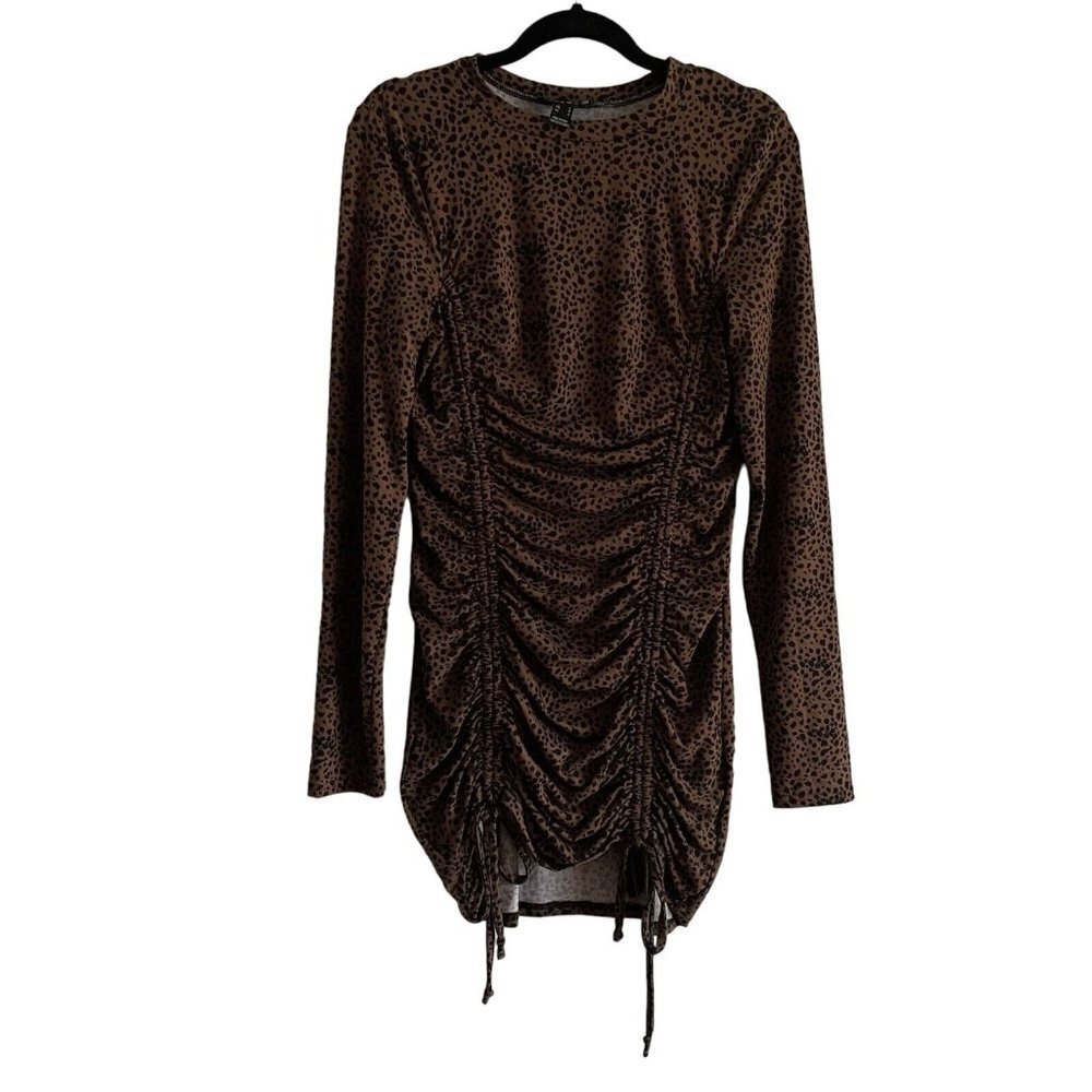 Revamped Women SZ L Brown Cheetah Print Long Sleeve Tie Sides Bodycon Dress
